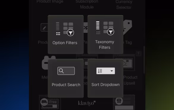 Icons for product filtering components including option filters, taxonomy filters, product search, and sort dropdown.