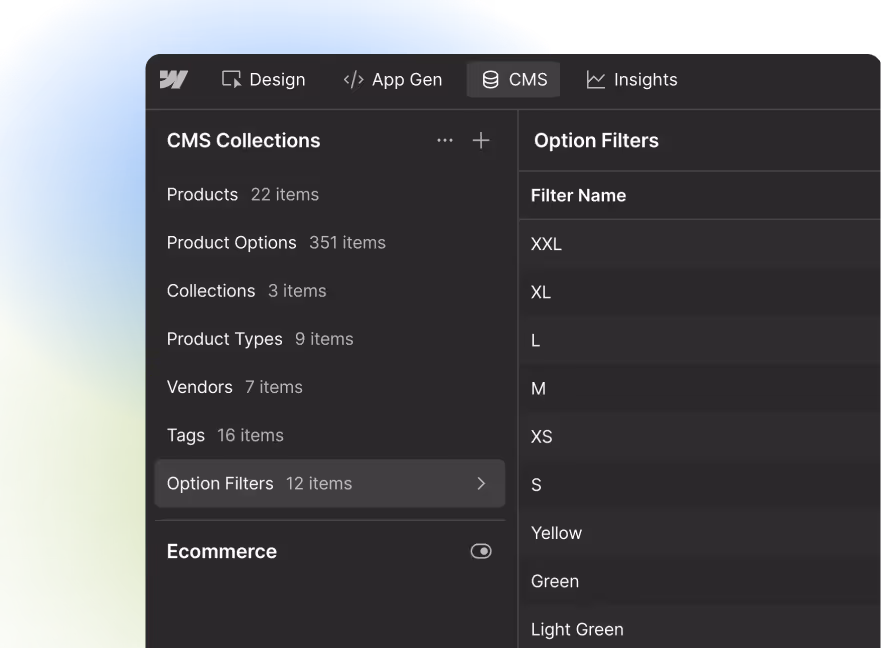 Webflow CMS Collections panel showing option filters list with size and color filter values.