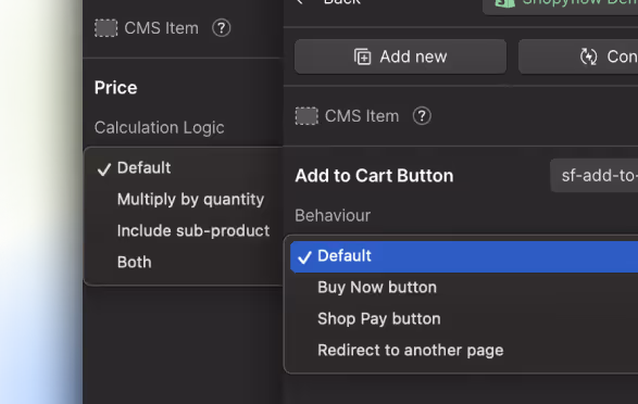 Webflow product settings showing price calculation logic options and add-to-cart button behavior menu.