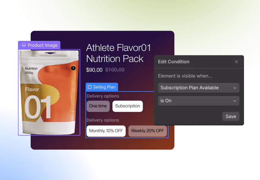 Product card showing subscription options and visibility conditions for elements based on subscription availability.