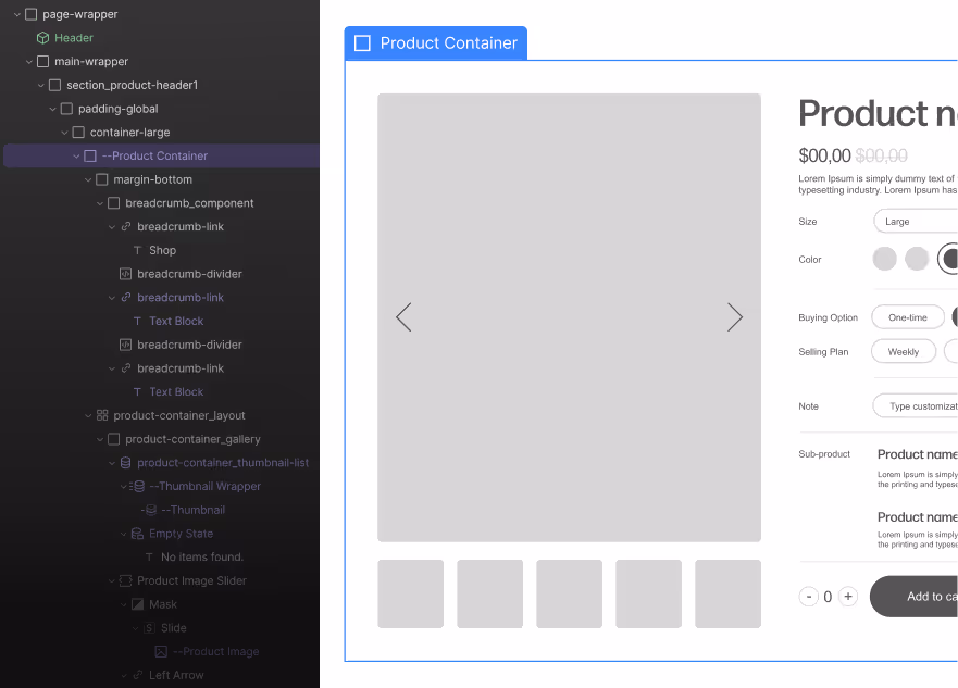 Webflow designer showing product page layout with image gallery, buying options, and product details structure.