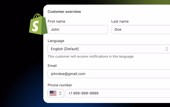 Shopify customer overview showing editable fields for name, language, email, and phone number.