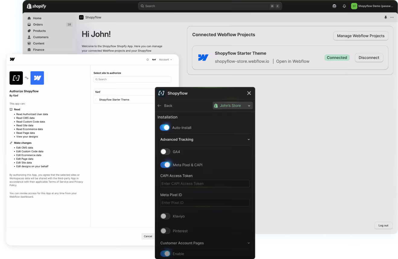 Storesynk Shopify App and Webflow OAuth screen side by side