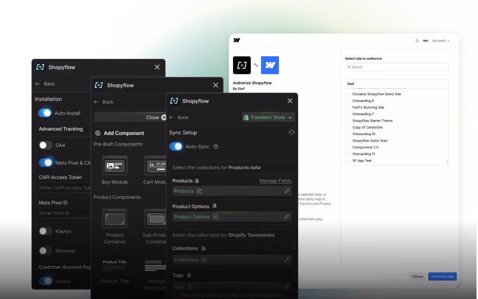 Various pages inside Storesynk Webflow app