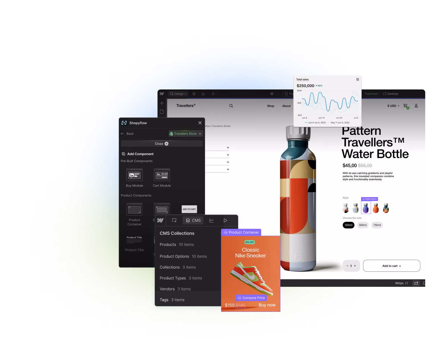 Storesynk Webflow App shown in front of a product page built in Webflow.