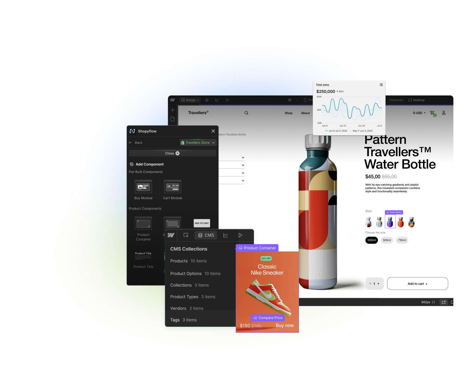 Storesynk Webflow App shown infront of a product page built in Webflow.