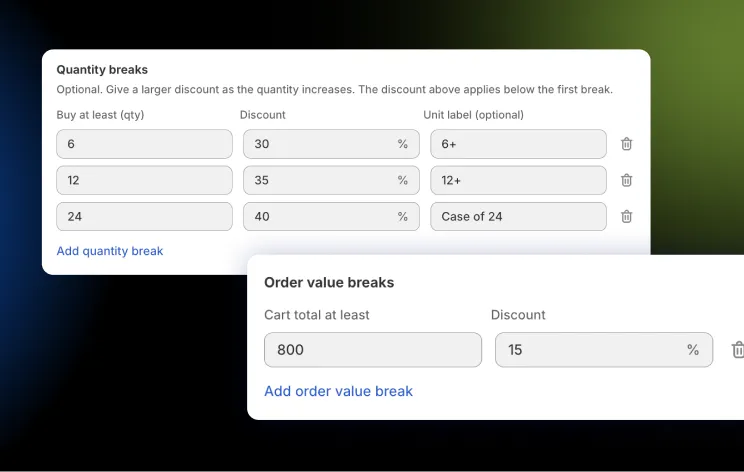 Storesynk Shopify App UI displaying the settings for volume and order value based discounts
