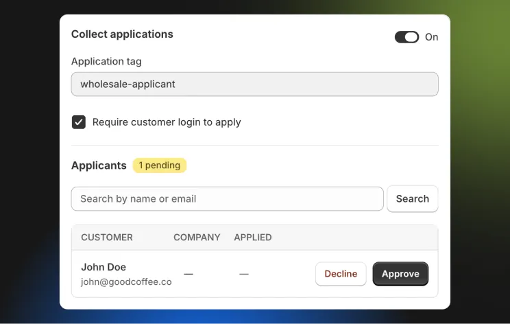 Storesynk Shopify App UI Wholesale applicant screening UI