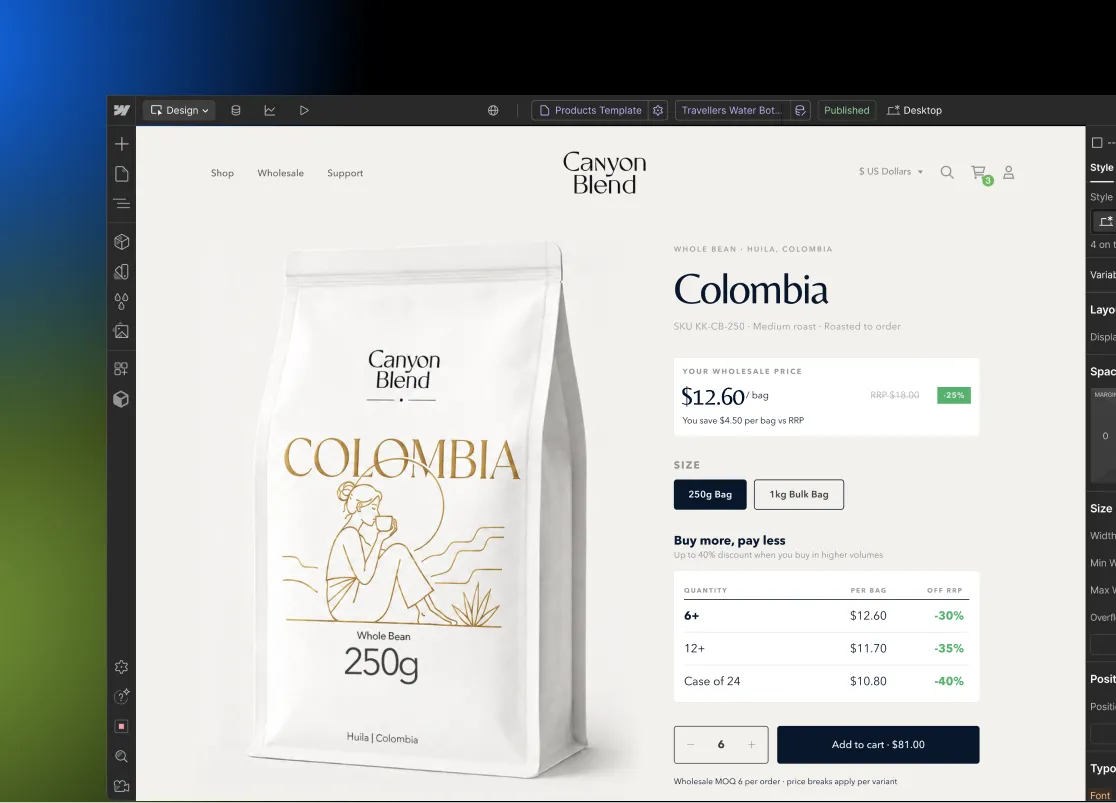 Wholesale Coffee Product detail page.