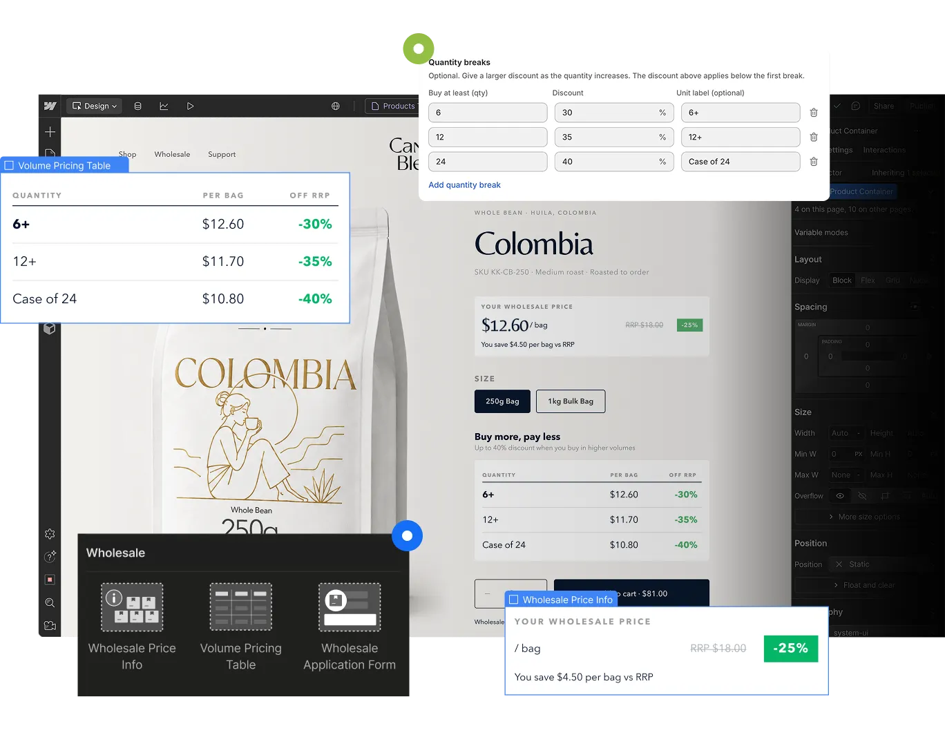 Wholesale promo image featuring Shopify App settings and Webflow widgets