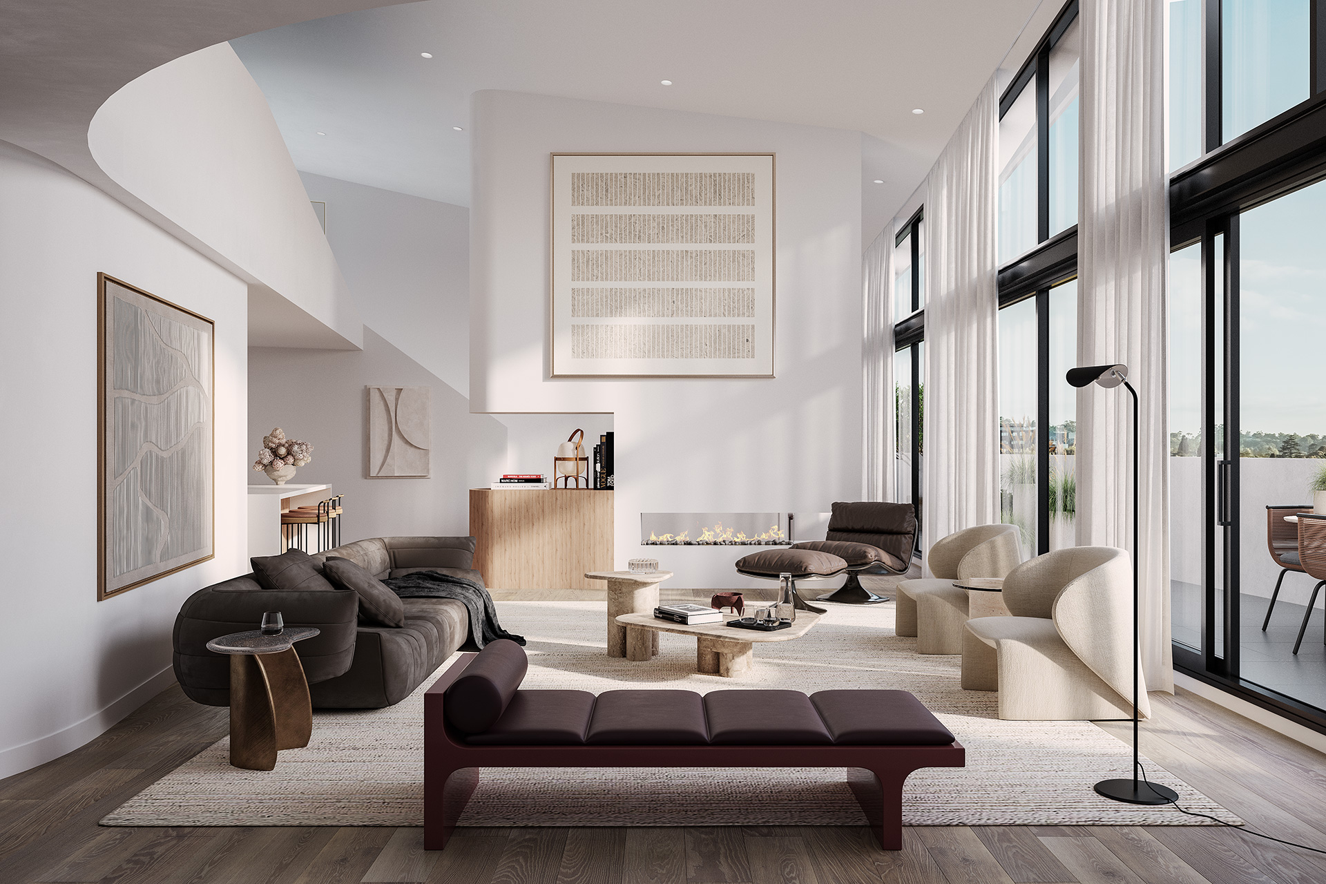 Modern living room with large windows, beige and brown seating, a fireplace, and abstract wall art.