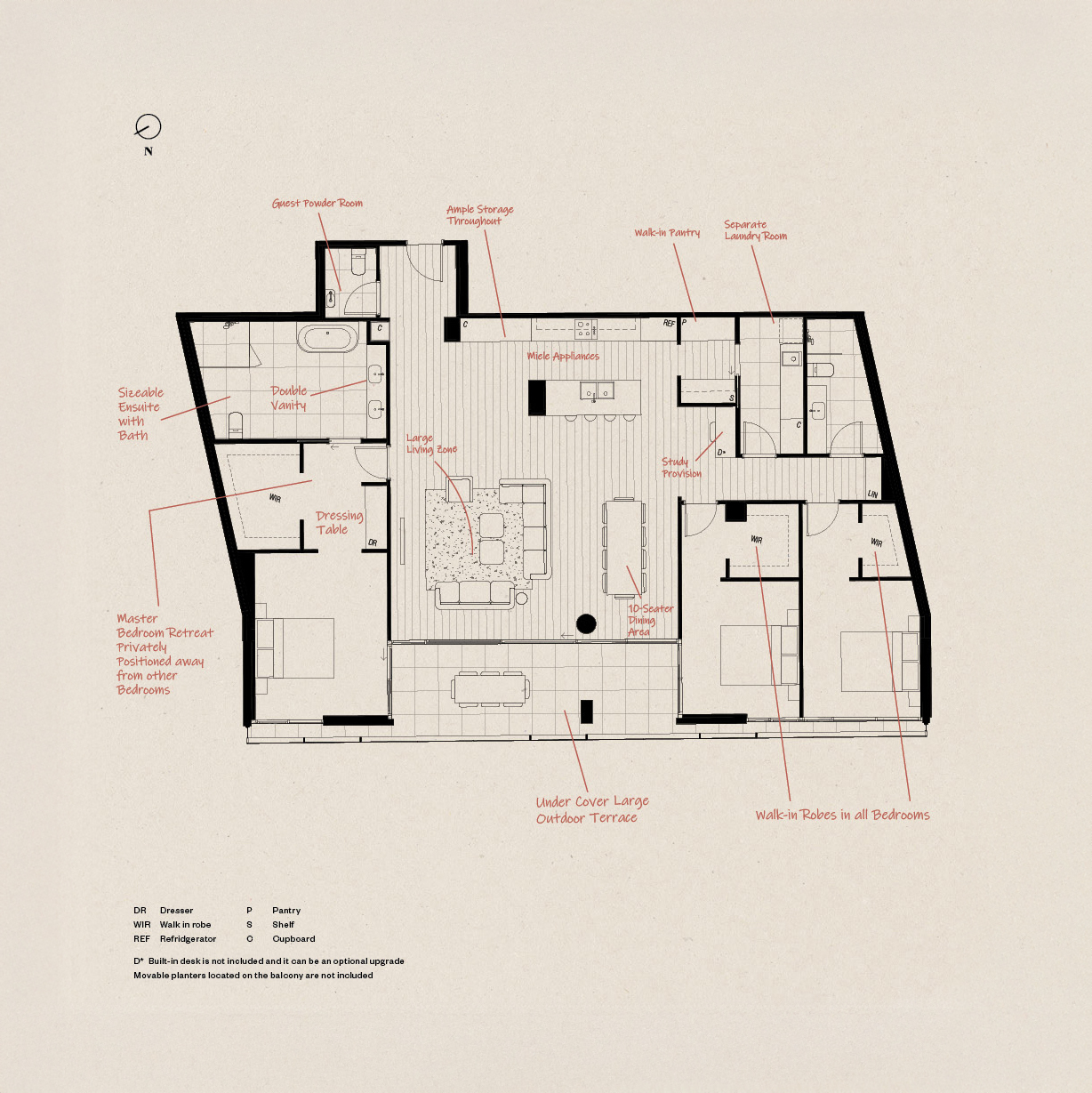 Floor plan featuring a master bedroom with ensuite bath and dressing table, two additional bedrooms with walk-in robes, large living zone, 10-seater dining area, kitchen with walk-in pantry and study provision, separate laundry room, guest powder room, and a large outdoor terrace.