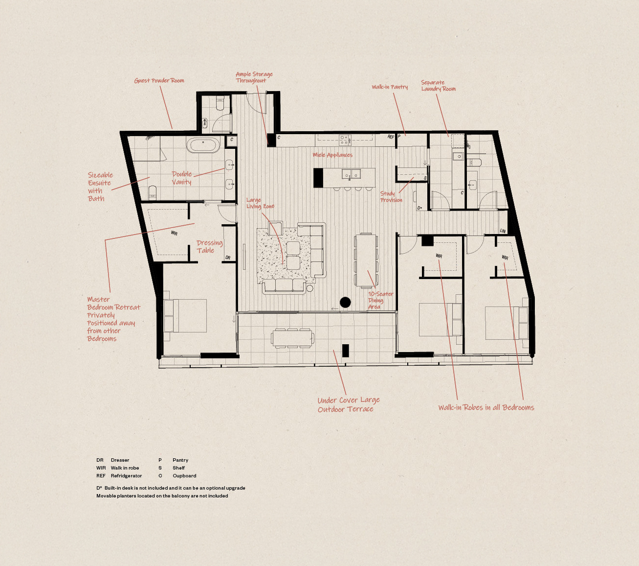 Floor plan featuring a master bedroom with ensuite bath and dressing table, two additional bedrooms with walk-in robes, large living zone, 10-seater dining area, kitchen with walk-in pantry and study provision, separate laundry room, guest powder room, and a large outdoor terrace.