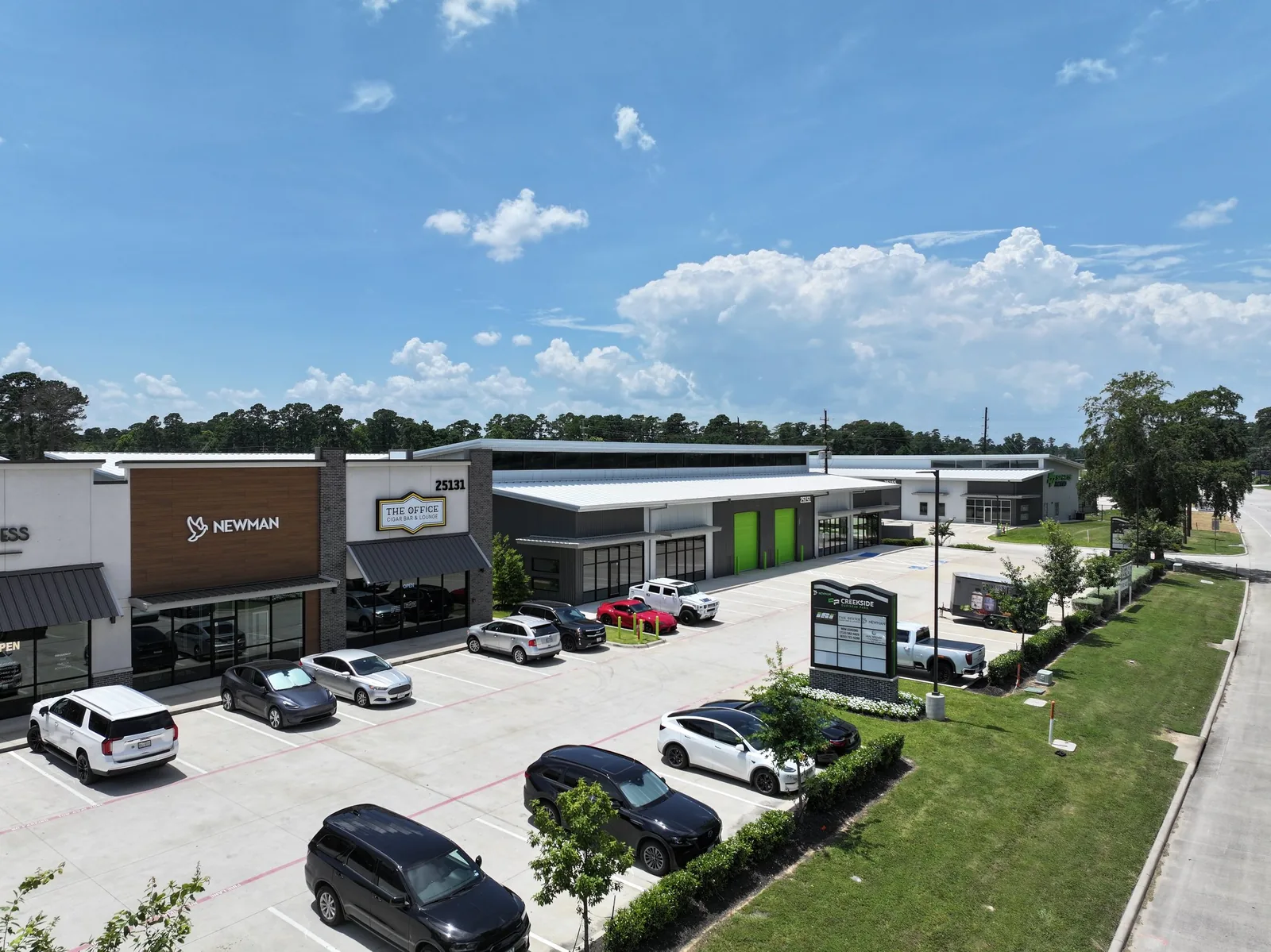 Aerial view of Creekside Business Park retail and flex buildings in Tomball, Texas.