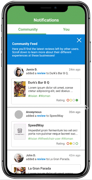 A gif of the Review Newsfeed on the TGBP mobile app