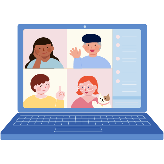 graphic of a laptop with 4 users and a cat on the screen