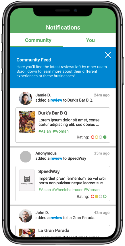 screenshot of review newsfeed on TGBP mobile app