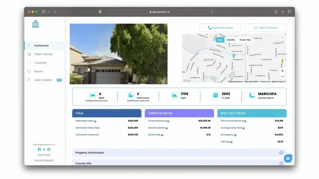 Dynamic.re property analysis dashboard showing valuation, rental and market data