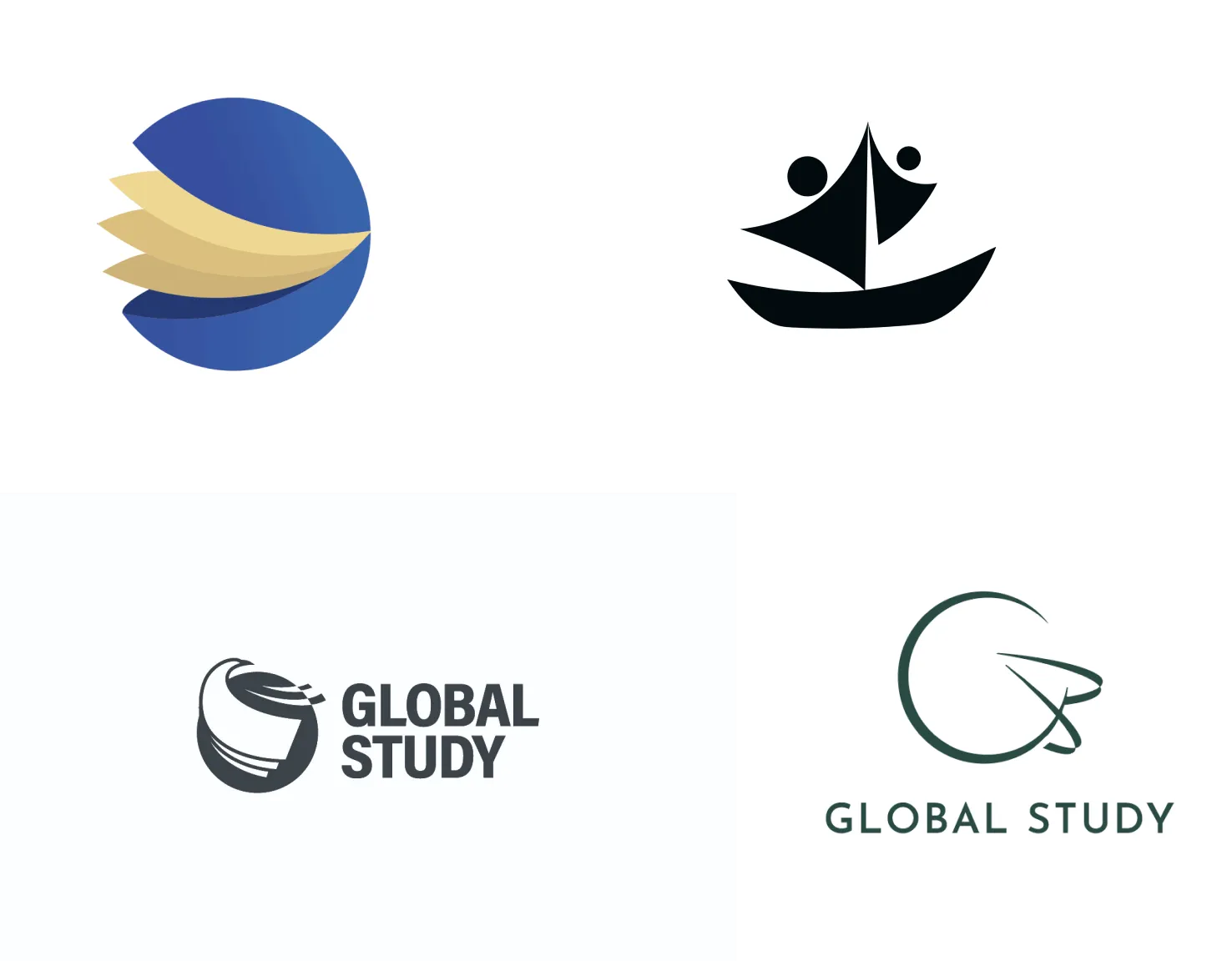 Collage of four logos for Global Study featuring abstract designs of a blue globe with beige swooshes, a black boat with two figures, a stylized globe with horizontal lines next to the text, and a green circular logo with an abstract arrow and the words Global Study.