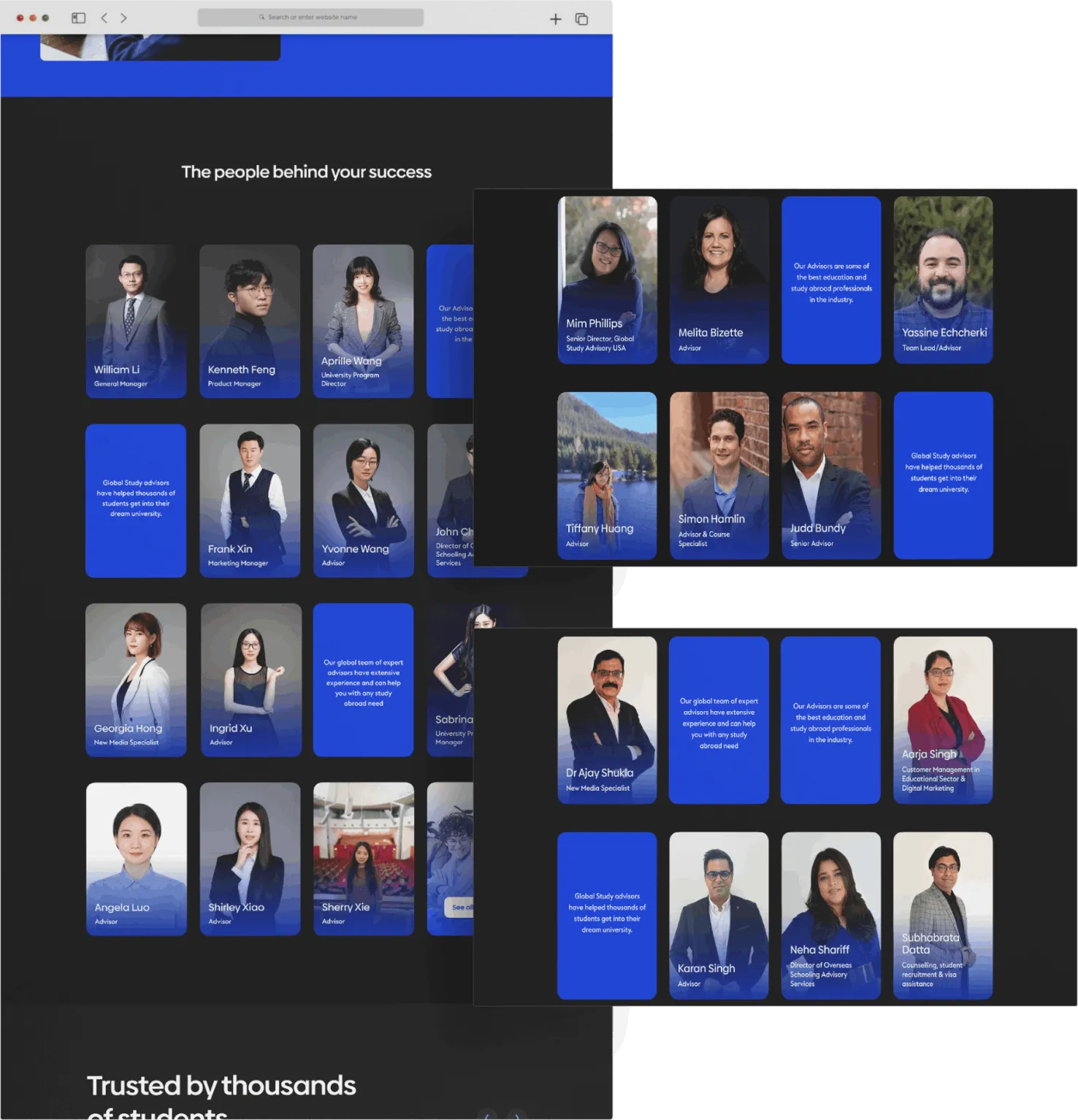 Webpage section titled 'The people behind your success' featuring a grid of professional headshots and names of company advisors and managers, with some text blocks highlighting their expertise and contributions.