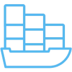 Blue outlined icon of a cargo ship with stacked containers on a black background.