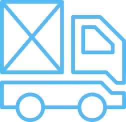 Blue line icon of a delivery truck with a cargo container and a document symbol above it.