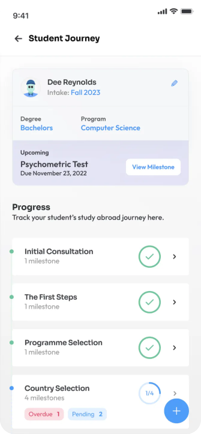 Mobile app interface showing a student's study abroad progress with completed milestones for Initial Consultation, The First Steps, Programme Selection, and partial progress in Country Selection with overdue and pending tasks.