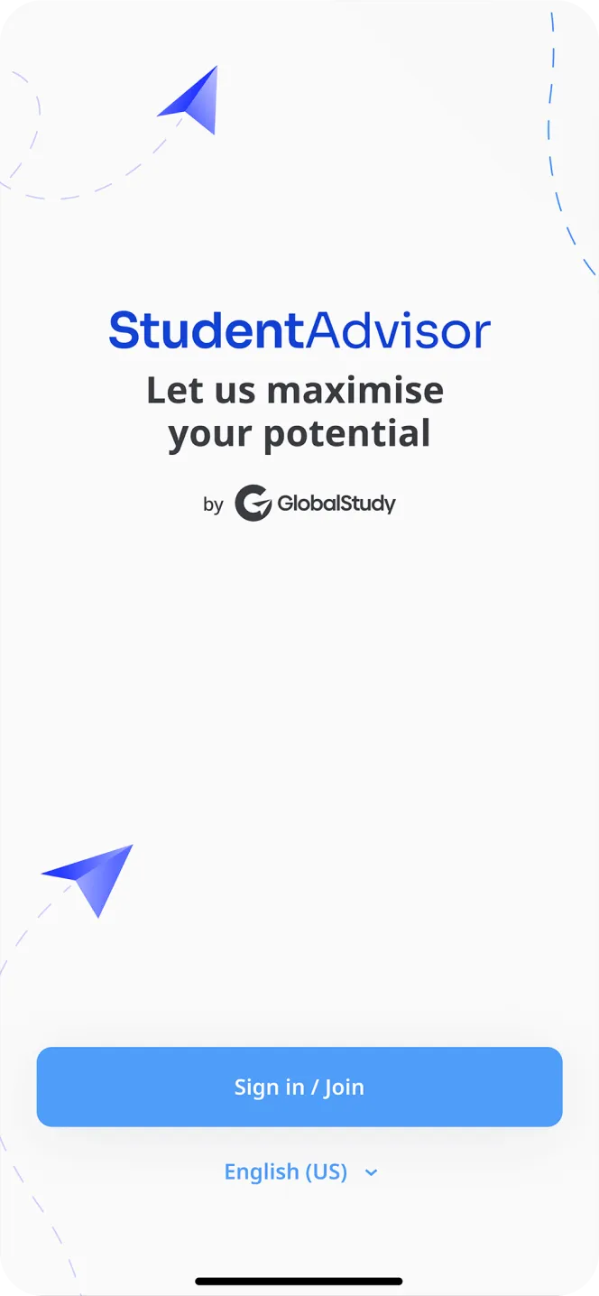 StudentAdvisor by GlobalStudy app screen with the slogan 'Let us maximise your potential', sign in/join button, and language selection.