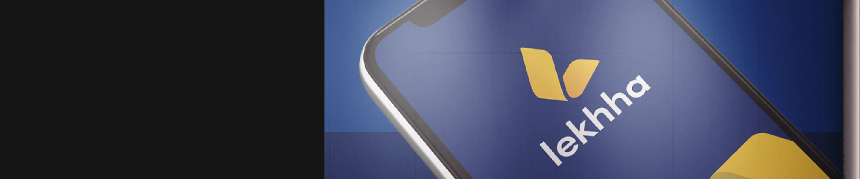 Close-up of a phone screen displaying the Lekhha app logo with a stylized yellow 'W' on a blue background.