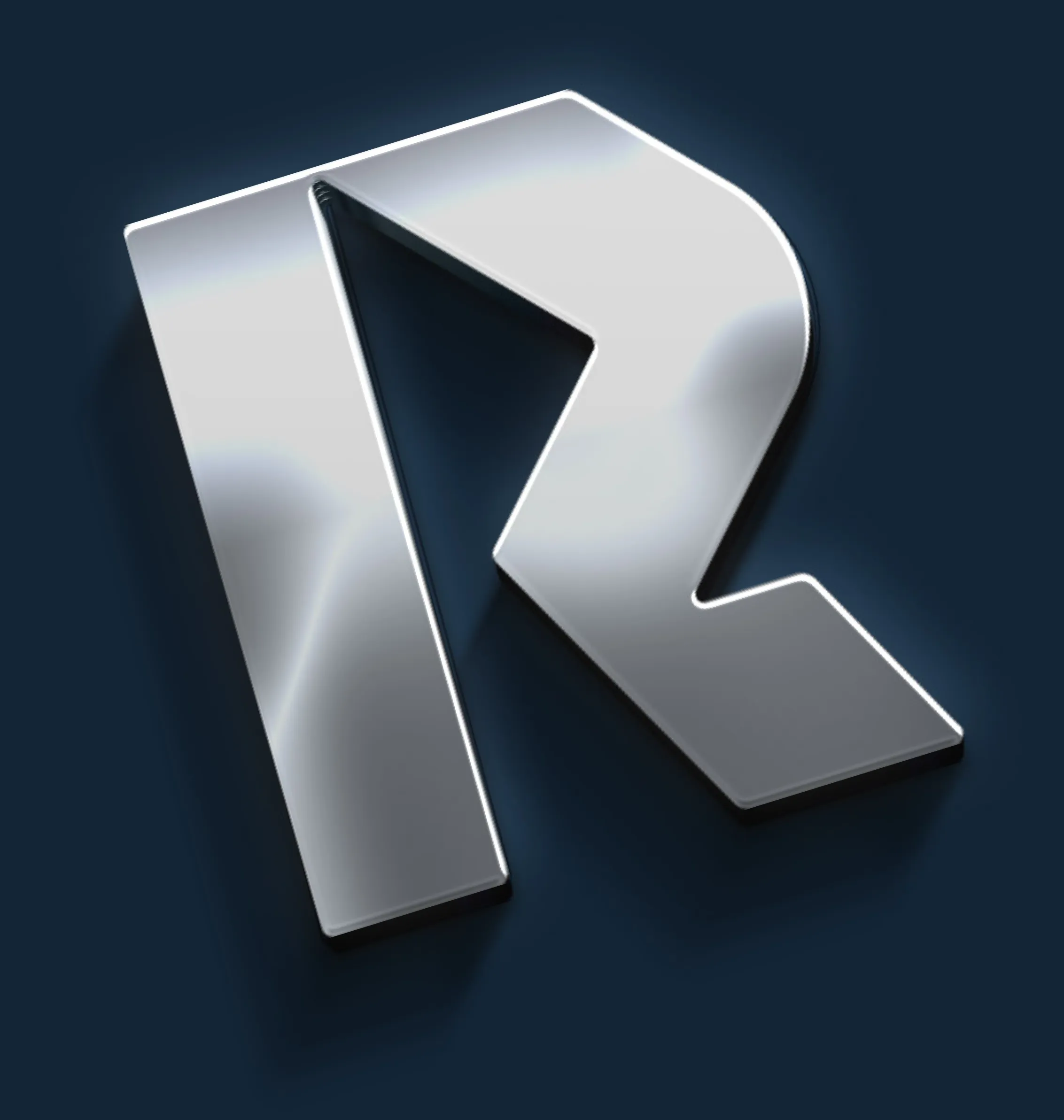 Silver metallic 3D stylized letter R on a dark blue background.