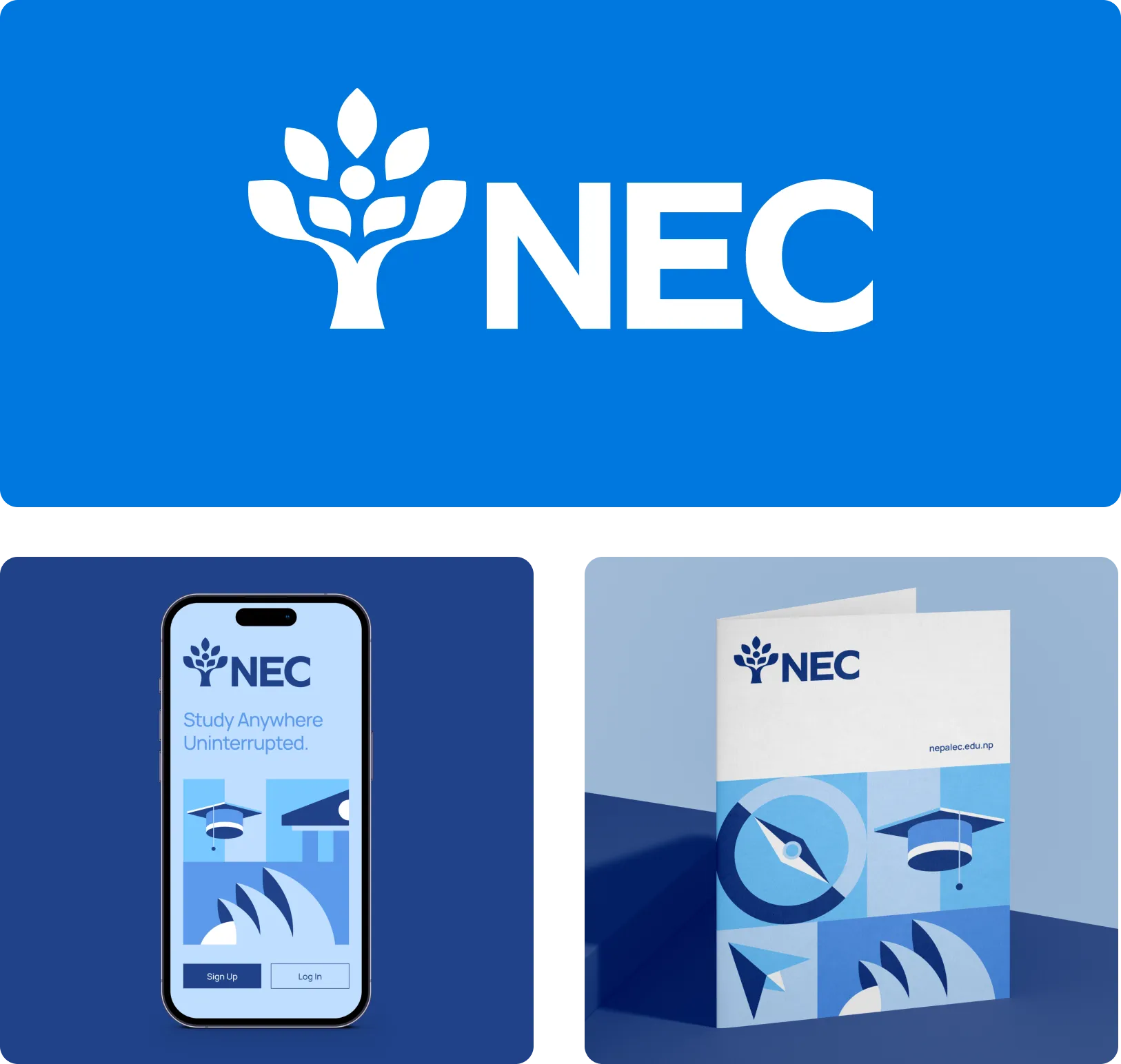 NEC logo with a stylized tree on a blue background, mobile app interface showing 'Study Anywhere Uninterrupted' with sign up and log in buttons, and branded brochure featuring compass, graduation cap, and paper airplane icons in blue tones.
