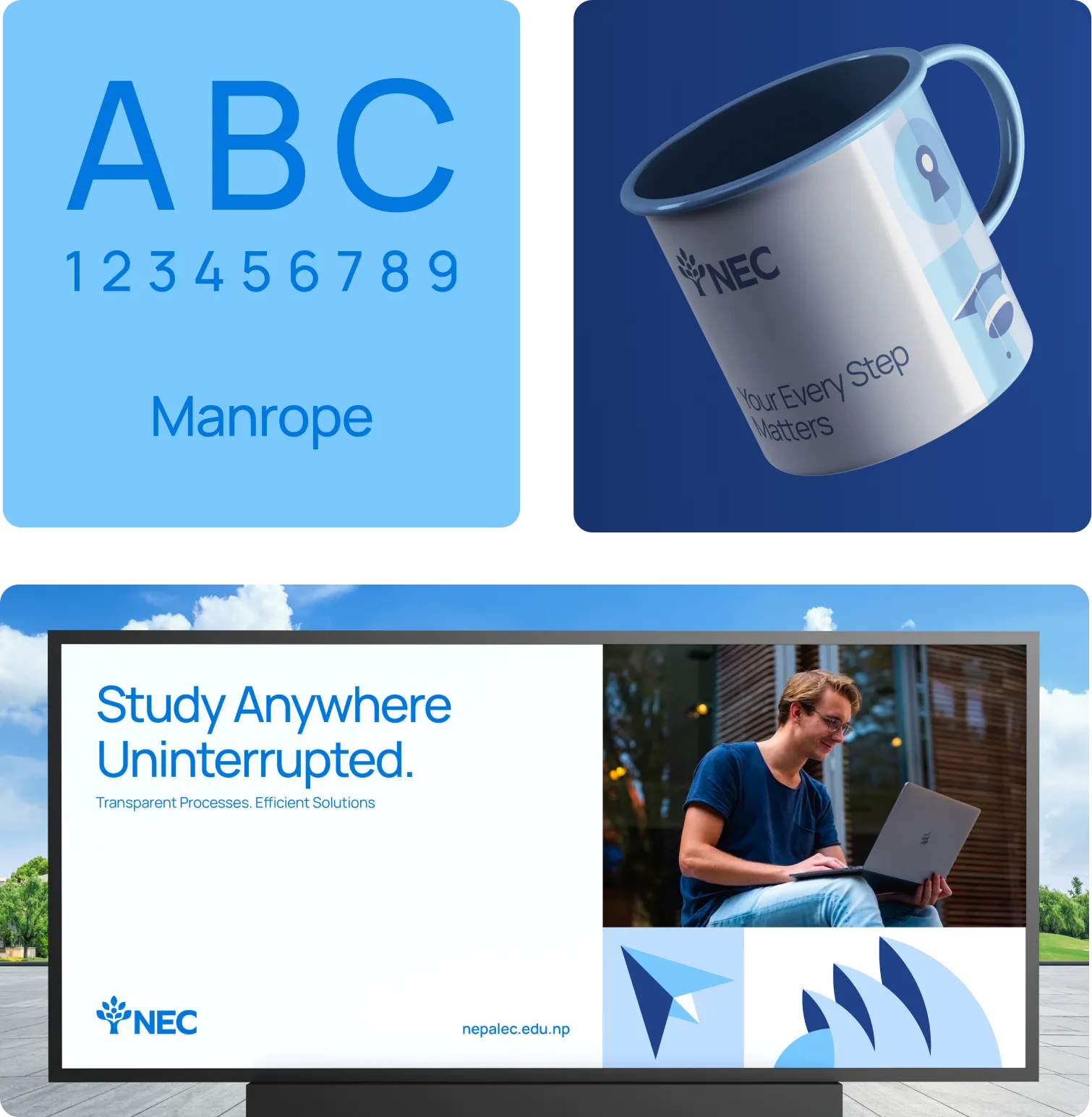 Three images: blue Manrope font style with alphabet and numbers, white NEC mug with keyhole and nail graphics, and billboard showing a young man studying on a laptop with text 'Study Anywhere Uninterrupted' and NEC logo.