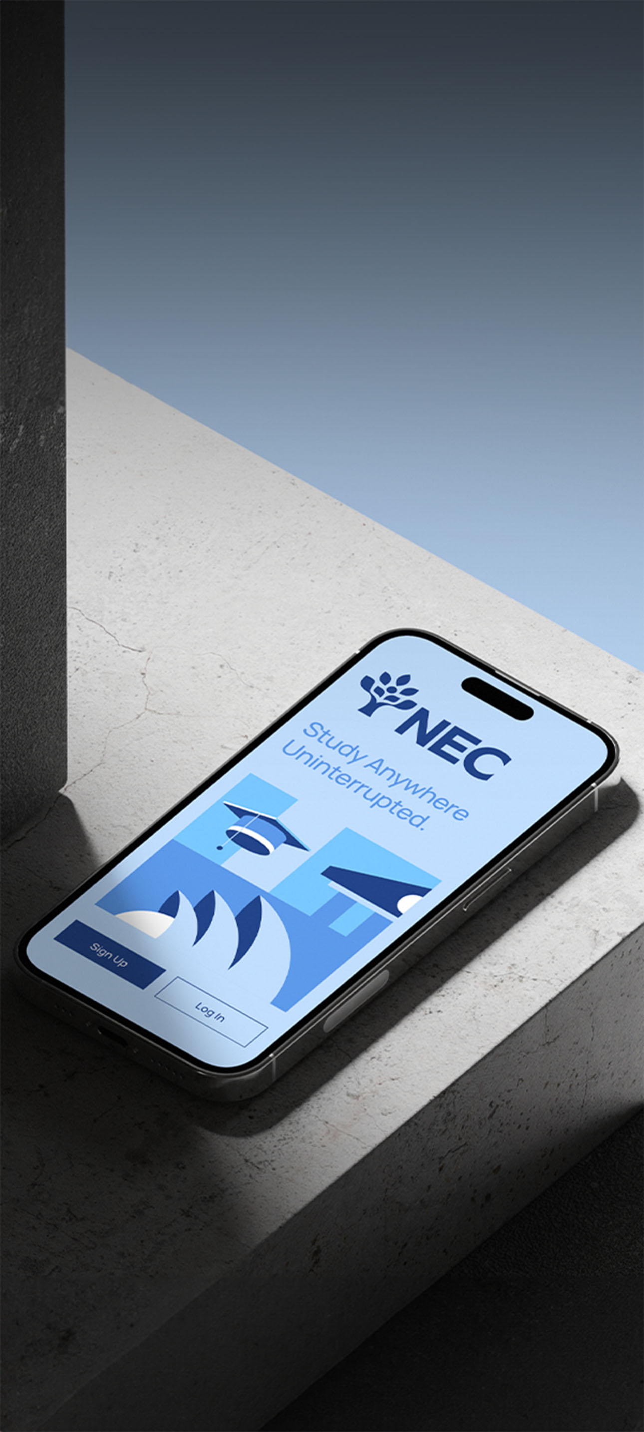 Smartphone displaying NEC app with text 'Study Anywhere Uninterrupted' and images of a graduation cap and building, with Sign Up and Log In buttons.