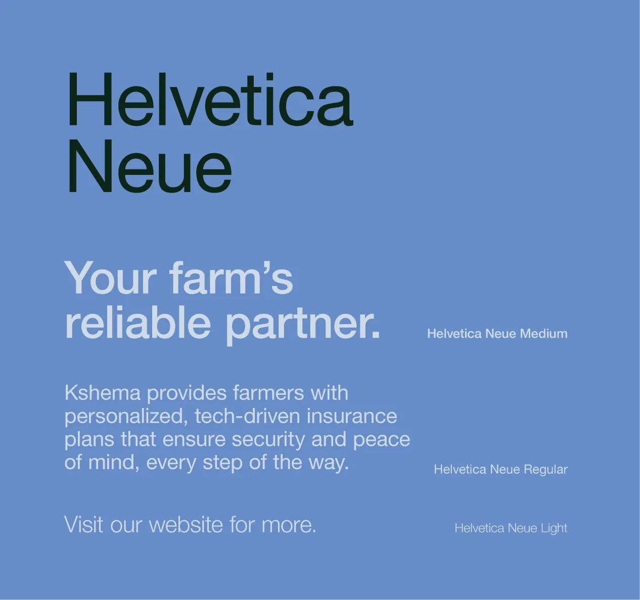Text showing different weights of Helvetica Neue font with a blue background, featuring a message about Kshema's personalized insurance plans for farmers.