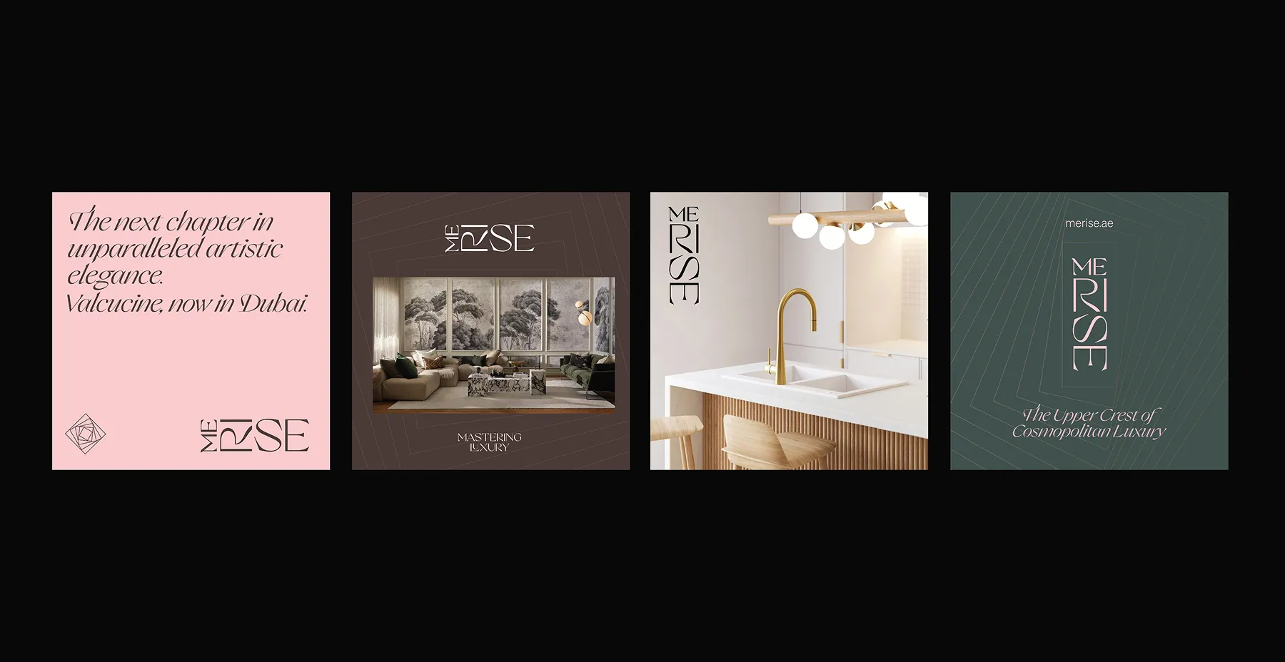 Four luxury-themed promotional cards for Merise featuring artistic elegance, living room with decorative panels, modern kitchen faucet, and tagline about cosmopolitan luxury in Dubai.