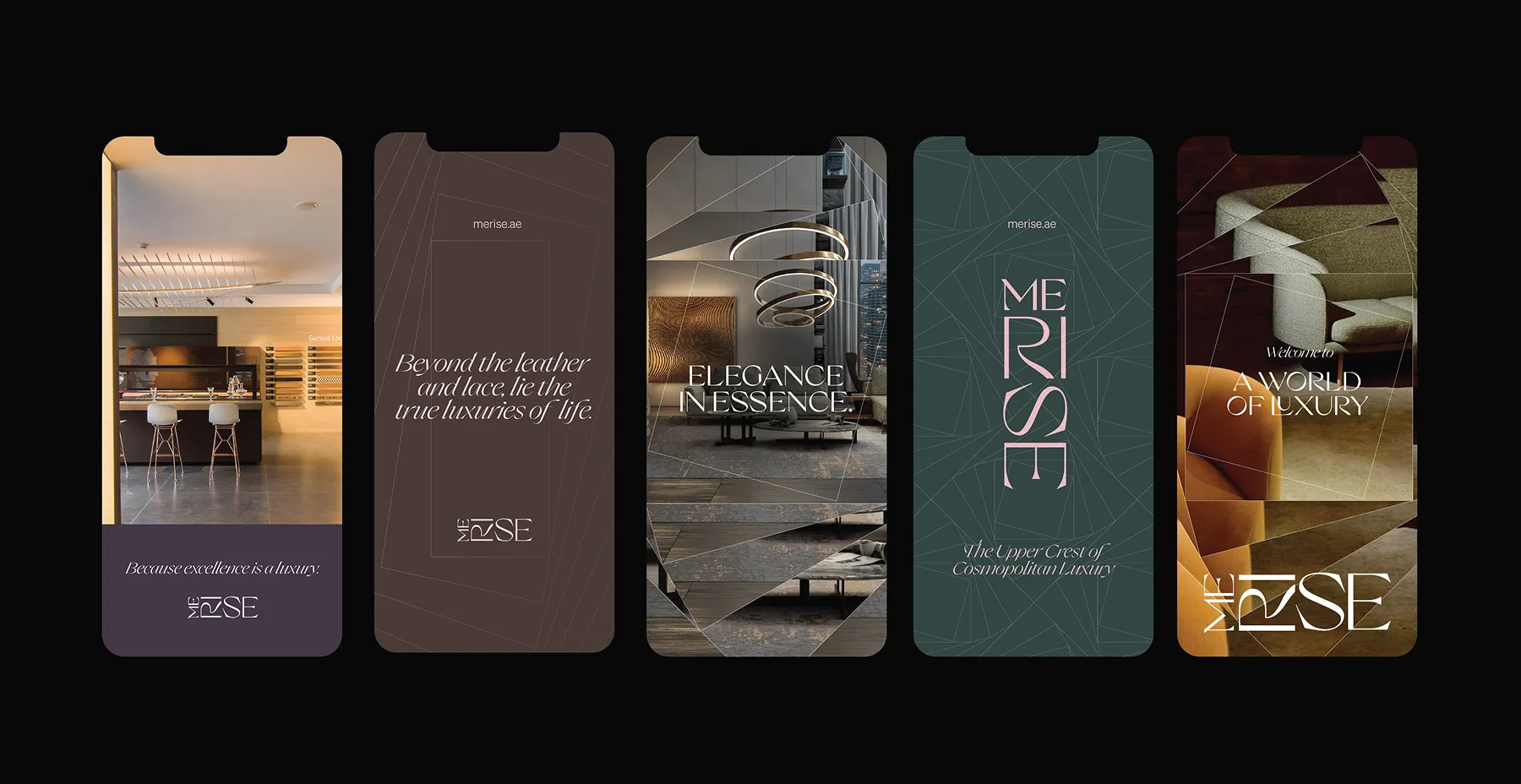 Five vertically arranged smartphone screens showing luxury interior designs and elegant texts promoting Merise, a brand emphasizing cosmopolitan luxury and excellence.
