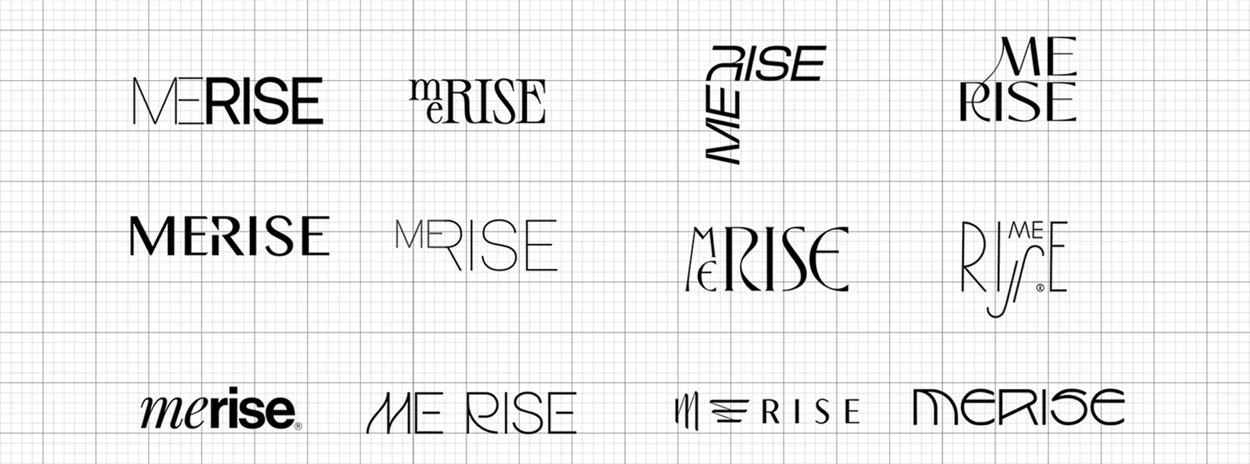 Grid background with twelve variations of the word 'MERISE' in different fonts and styles arranged in three rows and four columns.