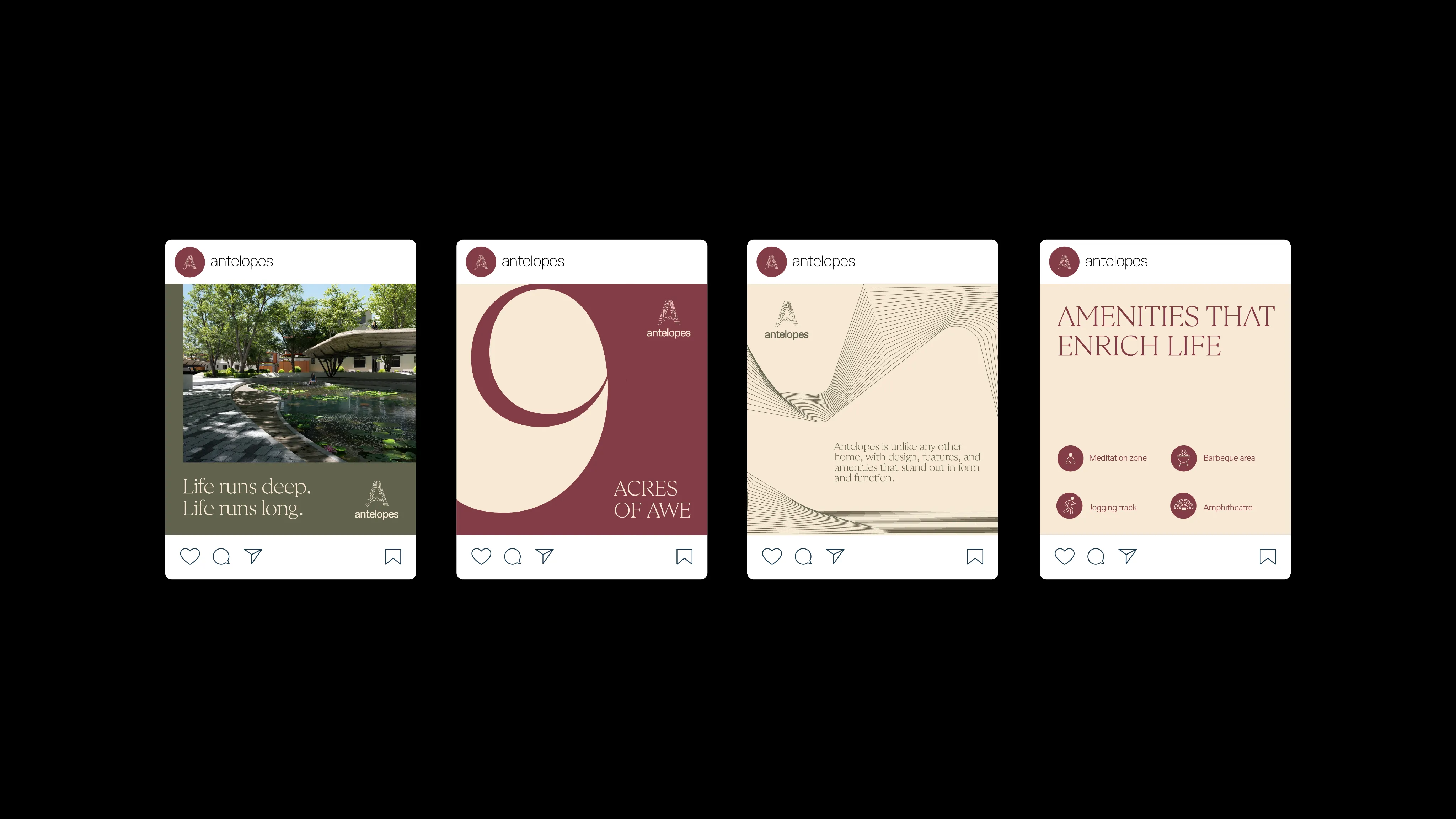 Four social media style cards for Antelopes featuring a pond and trees with text 'Life runs deep. Life runs long.', a large number 9 with 'Acres of Awe', abstract lines with description of unique design and amenities, and icons for meditation zone, jogging track, barbeque area, and amphitheatre.
