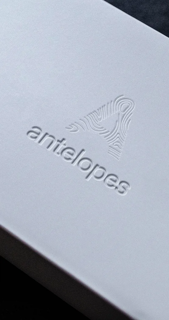 Embossed design featuring a stylized letter A with contour lines and the word 'antelopes' beneath it on a white surface.