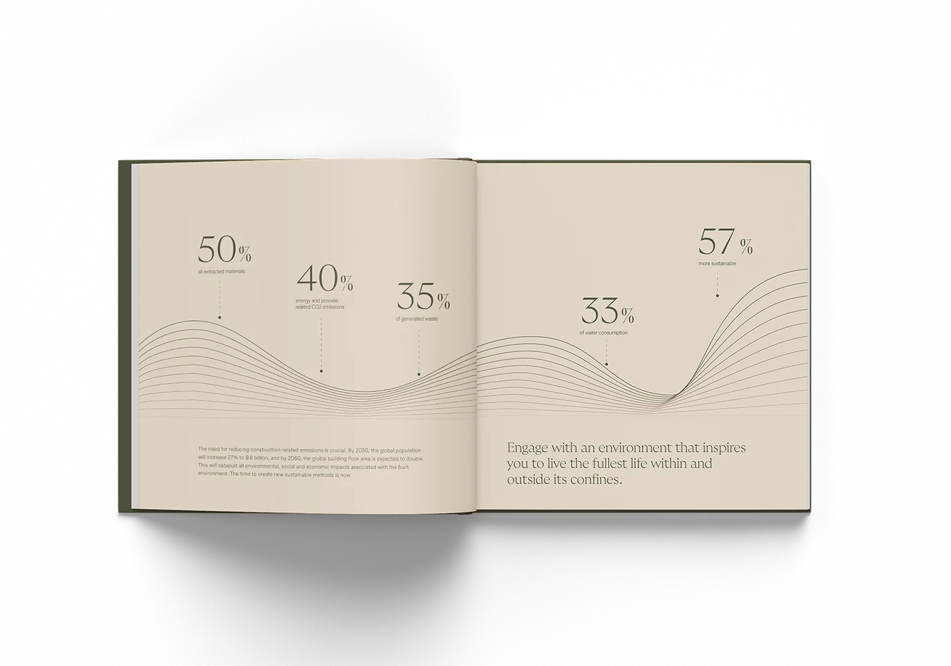 Open brochure with environmental sustainability statistics showing percentages for extracted materials, CO2 emissions, generated waste, water consumption, and sustainability improvements.
