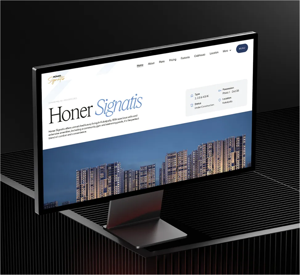 Computer monitor displaying the Honer Signatis website with information about luxury apartments featuring a cityscape image and navigation menu.