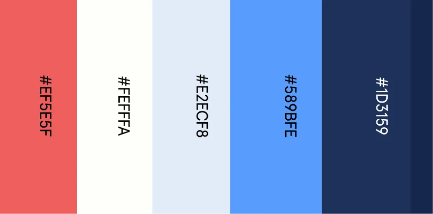 Vertical color stripes with hex codes: coral red #EF565F, off-white #FEFFFA, light blue #E2ECF8, medium blue #589BFE, and dark navy #1D3159.