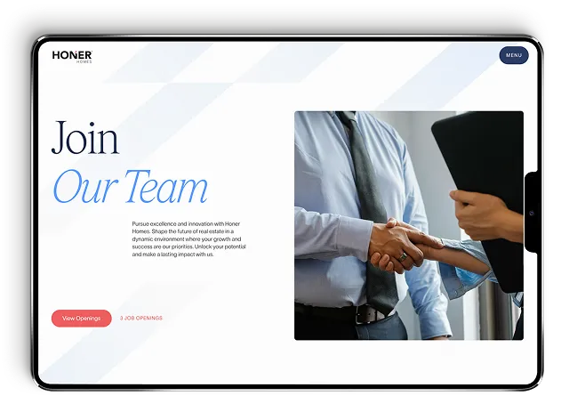 Website screen on tablet showing a 'Join Our Team' recruitment message with a photo of two people shaking hands.