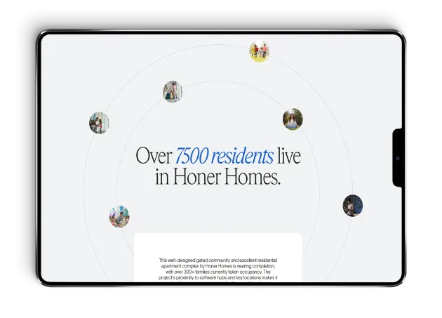 Tablet screen displaying text 'Over 7500 residents live in Honer Homes' surrounded by six small circular photos of diverse people.