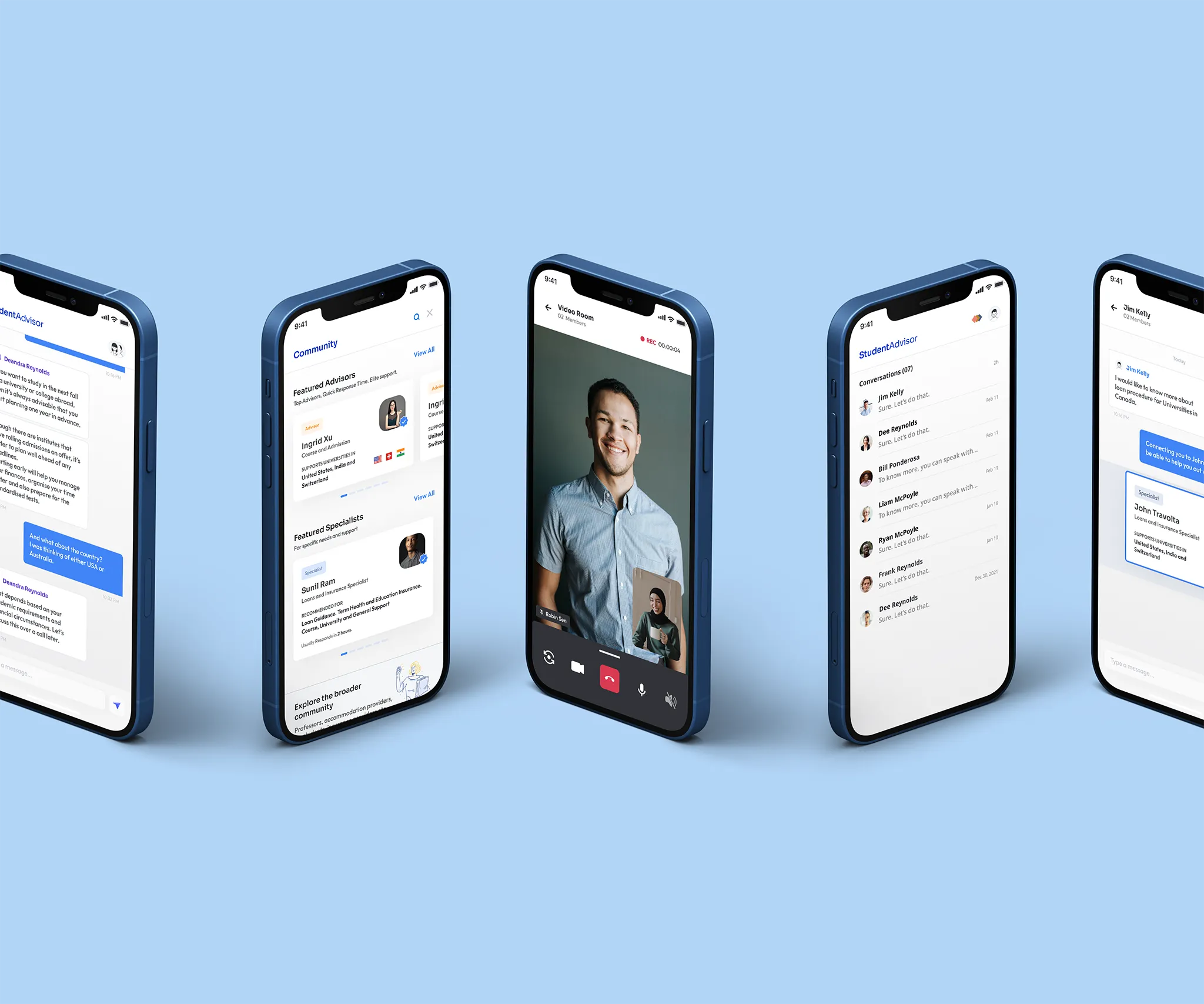 Five smartphones displaying a student advisor app with chats, advisor profiles, and a video call screen on a light blue background.