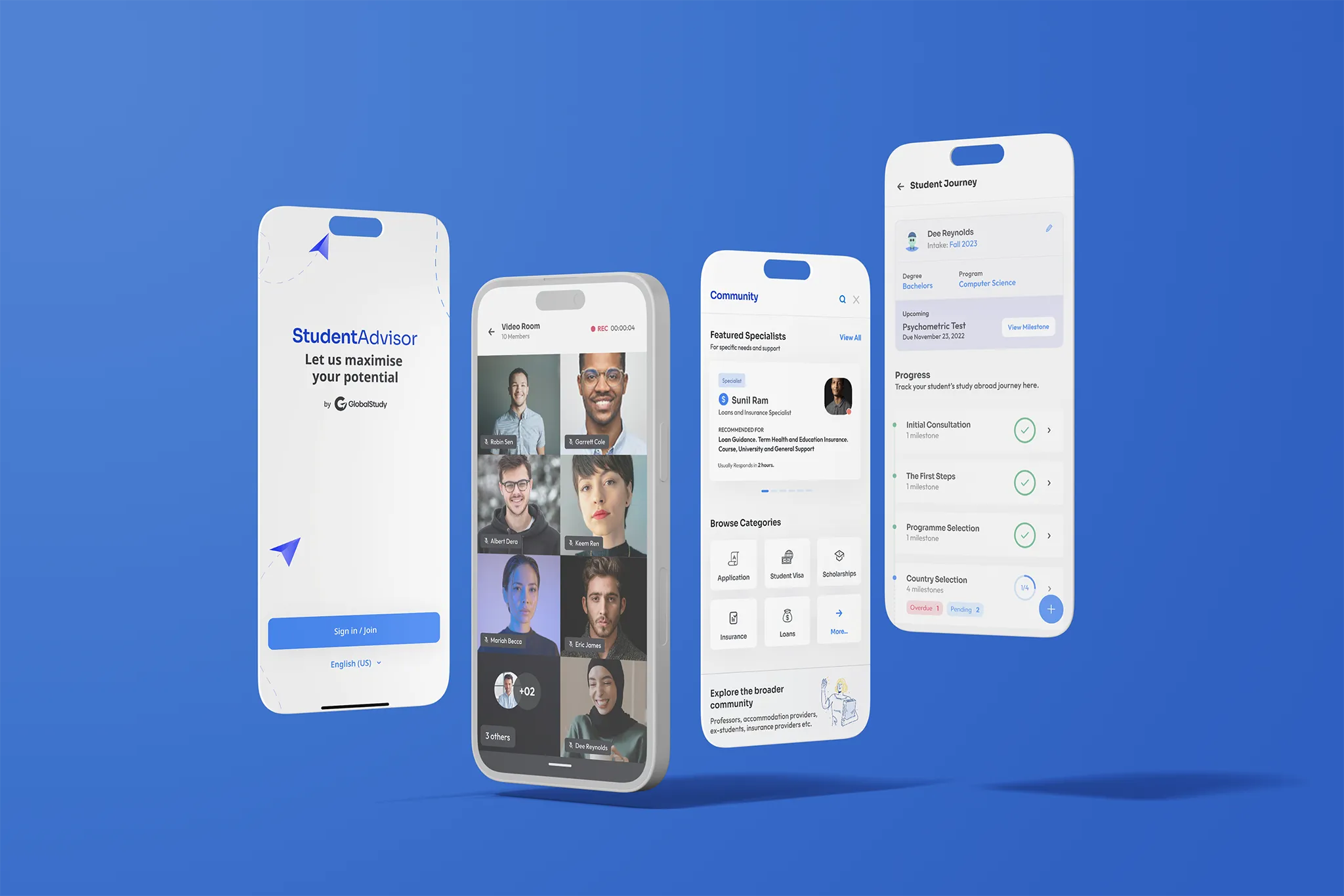 Four mobile screens showing StudentAdvisor app interfaces for sign-in, video room with participants, community specialists, and student journey milestones.
