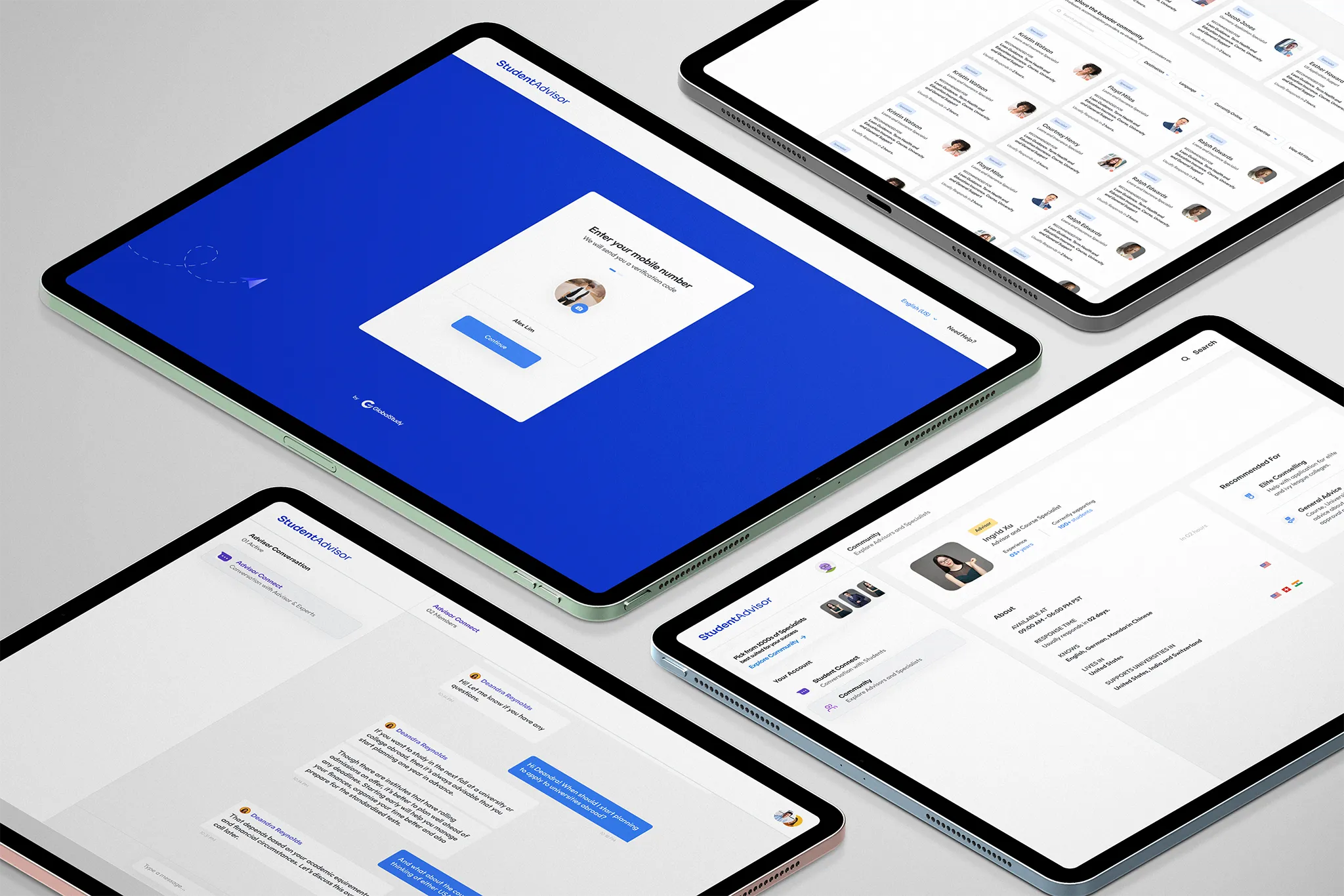 Four iPads displaying different StudentAdvisor app screens including login, advisor list, advisor profile, and chat interface.