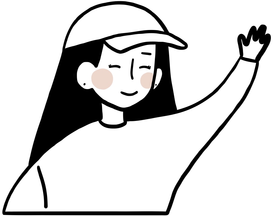 A cartoon drawing of a girl smiling and waving her hand