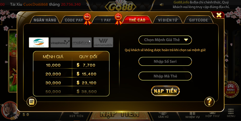 Cách nạp tiền Go88 bằng thẻ cào
