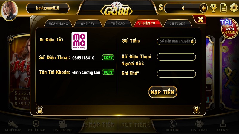 Nạp tiền tại Go88 bằng Momo